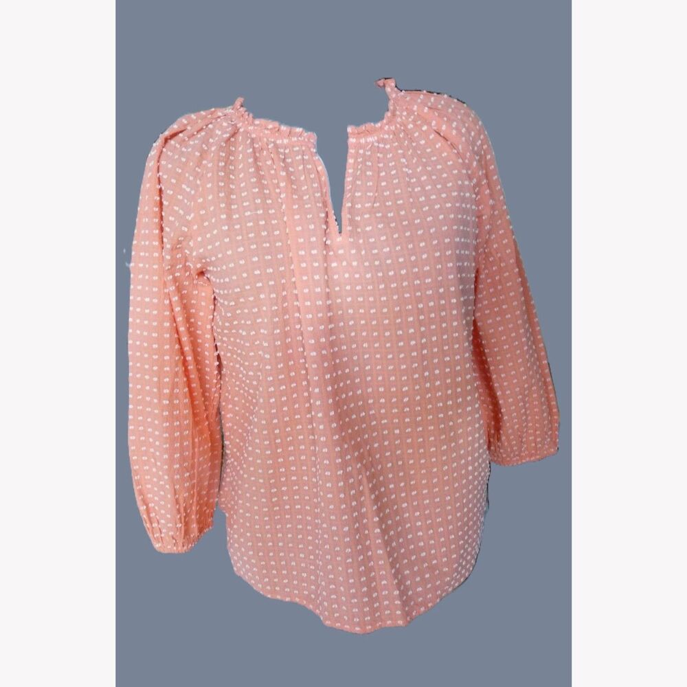 Coral Pink Swiss White 3D Polka Dot Loose Cut Peasant Top M-L Ann Taylor Loft
